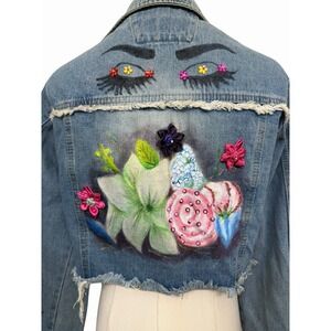 One Of A Kind Hand Painted Denim Jacket Floral Eyelashes Embellished Soft Grunge